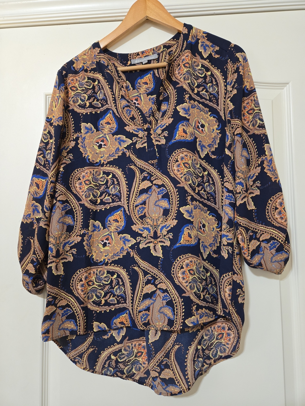 Daniel Rainn Navy Paisley Split-Neck Blouse with Tan & Blue Accents